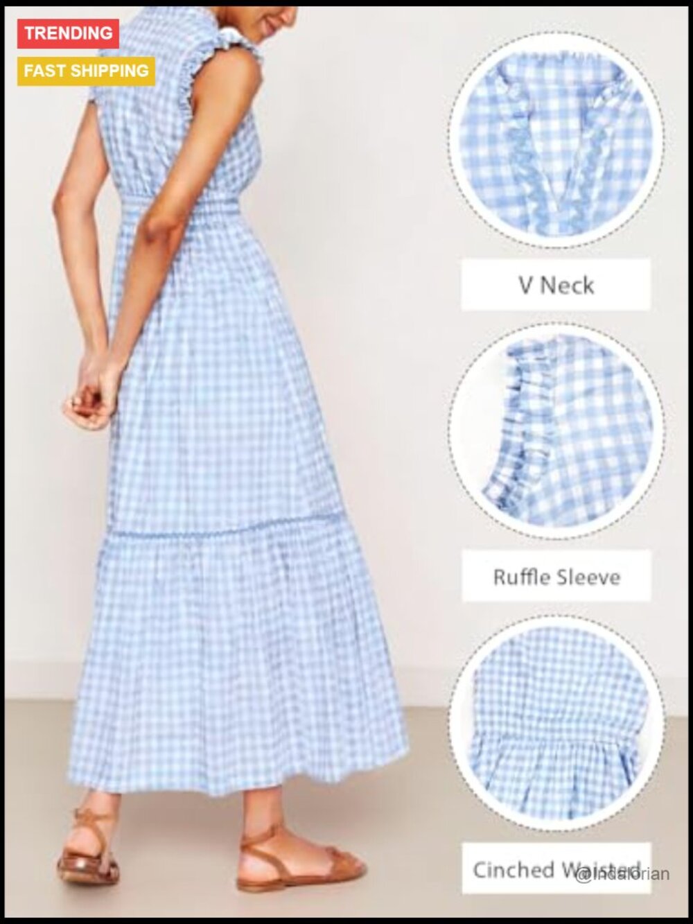 Women's Sleeveless Gingham Maxi Dress with Ruffle Trim Tiered A-Line Sundress - Picture 3 of 7